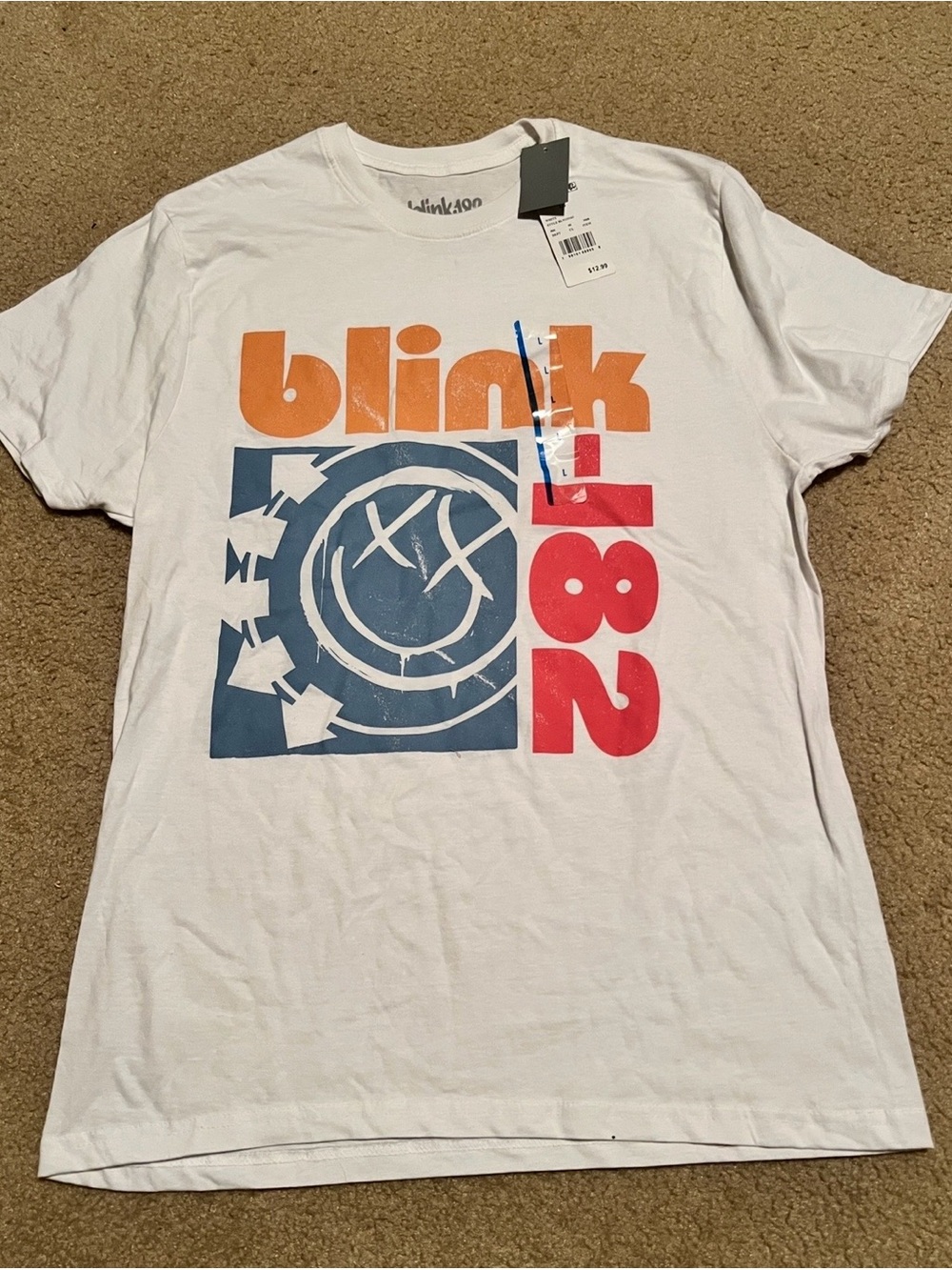 Blink-182 Graphic Band Tee in White with Orange, Blue & Red Print, NWT, Medium
